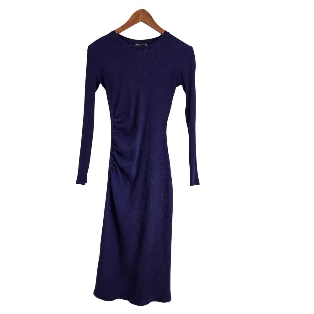 Elevated Basic Navy Blue Ribbed Knit Midi Dress Side Ruched Minimalist Size S